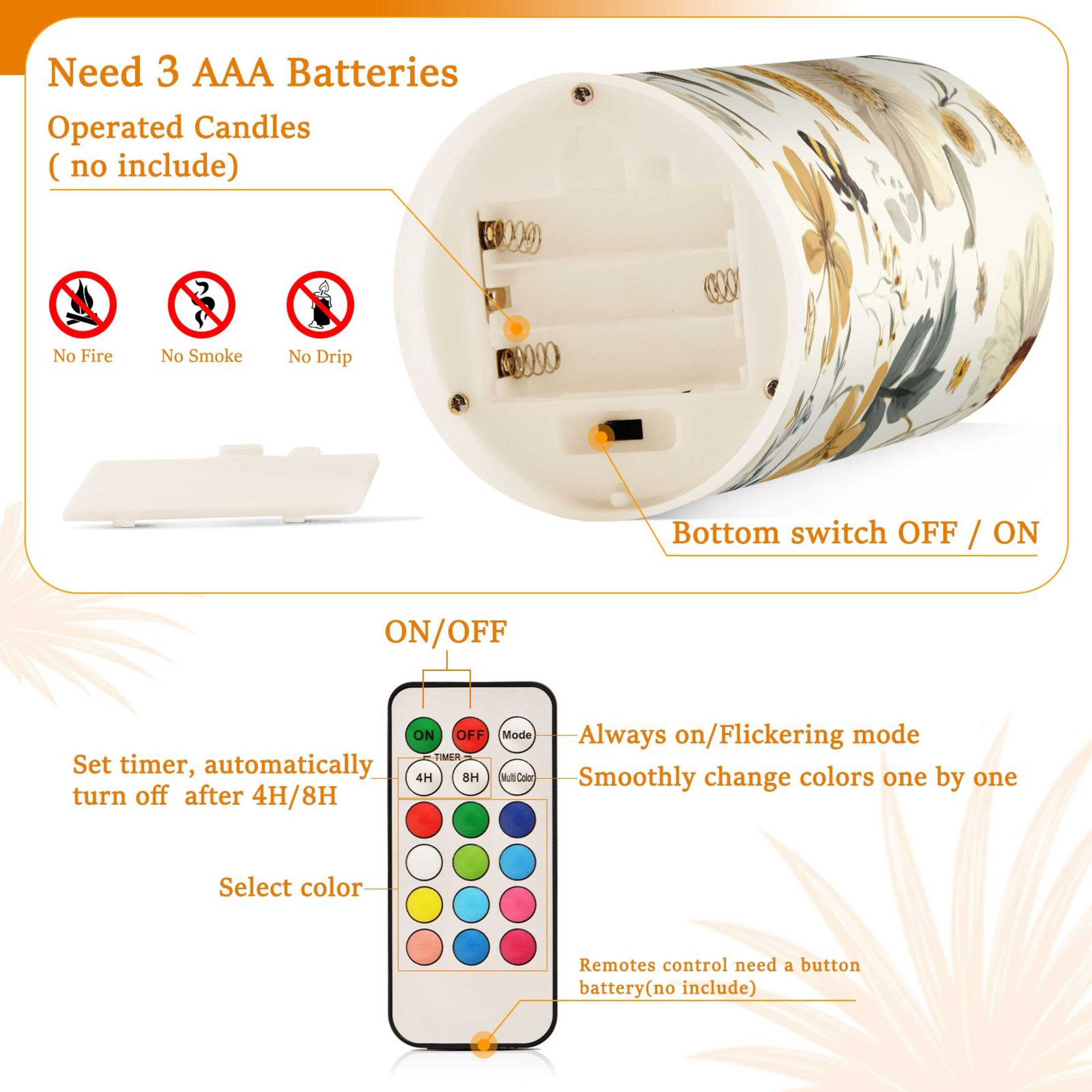 2 PCS Flameless Candles with Remote Timer LED Battery Operated Flickering Candle Light for Wedding Table Home Decoration Gifts Various Flowers and Bees