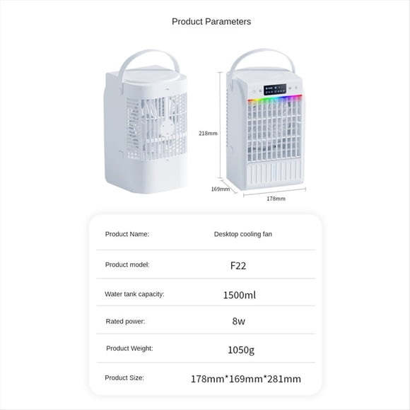 Ventilador de Aire Acondicionado Portátil, Enfriador de Aire Evaporativo, Humidificador de Aire Acondicionado con 3 Velocidades, 7 Colores para Habitación de Acampada