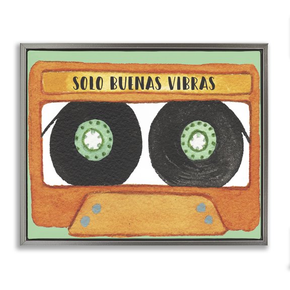 Stupell Industries Solo Buenas Vibras Casete Music Painting Gray Floater Framed Art Print Wall Art, 21 x 17
