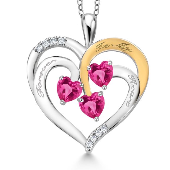 Gem Stone King Two Tone Pink Created Sapphire and Pink Created Sapphire Created Moissanite `Forever in My Heart` Engraved Pendant Necklace for Women (1.80 cttw, Heart Shape 5MM, 18 inch Chain)