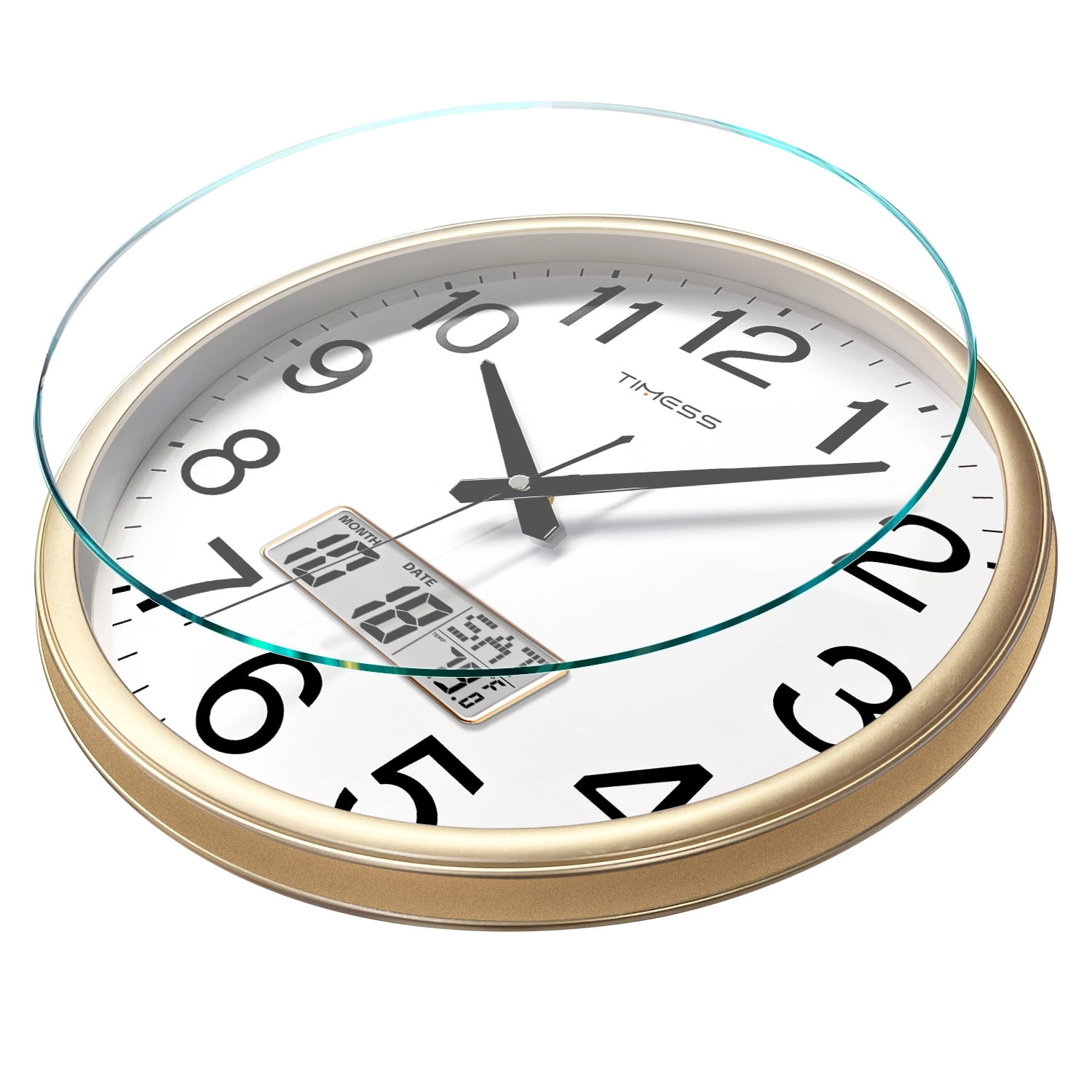 TIMESS 13" Digital Wall Clock with Gold Frame, Calendar & Temperature Display, Silent Movement