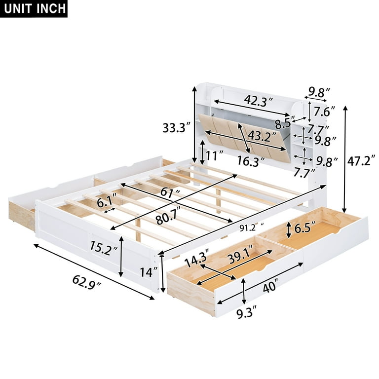 queen storage bed dimensions with drawer clearance
