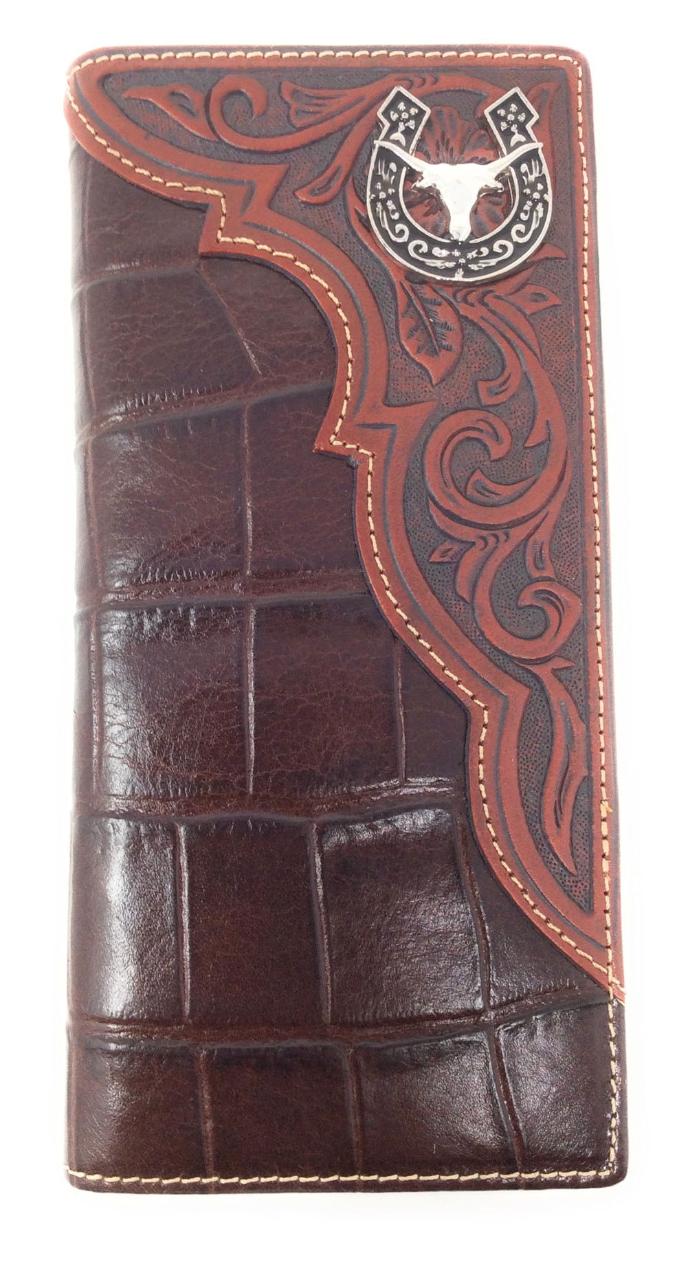 Texas West Premium Genuine Leather Longhorn Horseshoe Mens Long Wallet