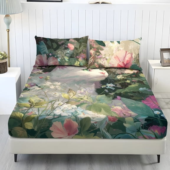 Jiueut Cat Flower Print 3 Pieces Twin Size Bed Sheet Set, Ultra Soft Bedroom Decoration Easy to Clean Fitted Sheet 2 Pillowcase for Women Men