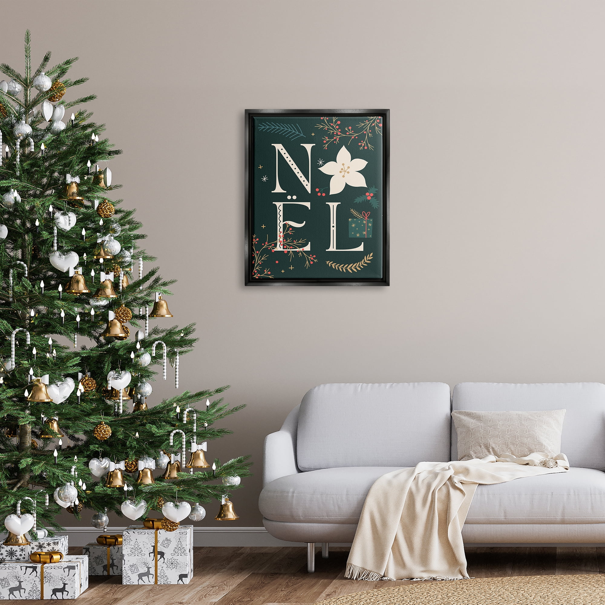 Stupell Industries Noel with Christmas Bloom Holiday Painting Black Floater Framed Canvas Art Print Wall Art, 25 x 31