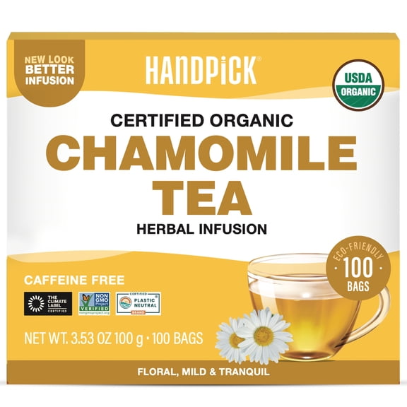 HANDPICK, Organic Chamomile Tea Bags (100 Herbal Tea Bags) Caffeine Free| Premium Floral Chamomile Herbal Tea in Eco-Conscious Teabags | Direct from Source