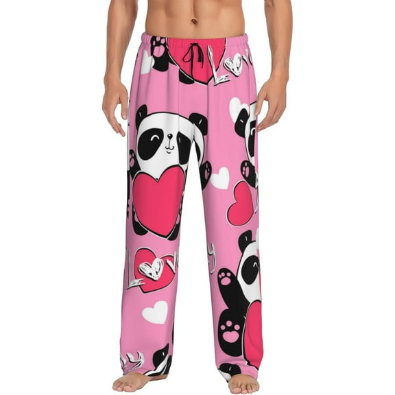 Naloa Panda Heart Valentine Pink Pajama Pants Men, PJ Bottoms, Sleep & Lounge Pants-Small