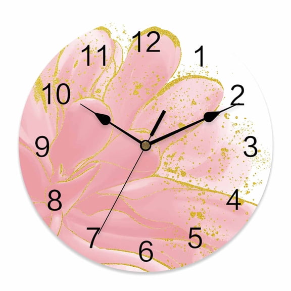 Wall Clock Pink Watercolor Floral Clocks PVC Silent Non-Ticking Battery Operated Decorative Golden Lines Round Clock for Home Living Room Kitchen Bedroom Office School Wall Decor 10 Inch