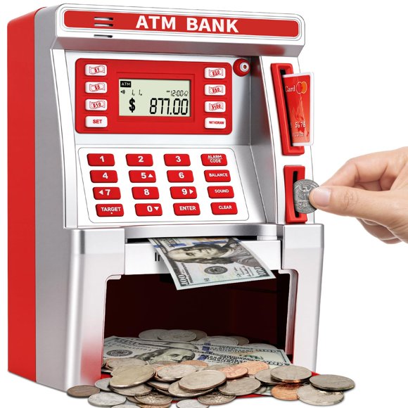 Cajero automático Piggy Bank Jyusmile para niños con tarjeta de débito rojo