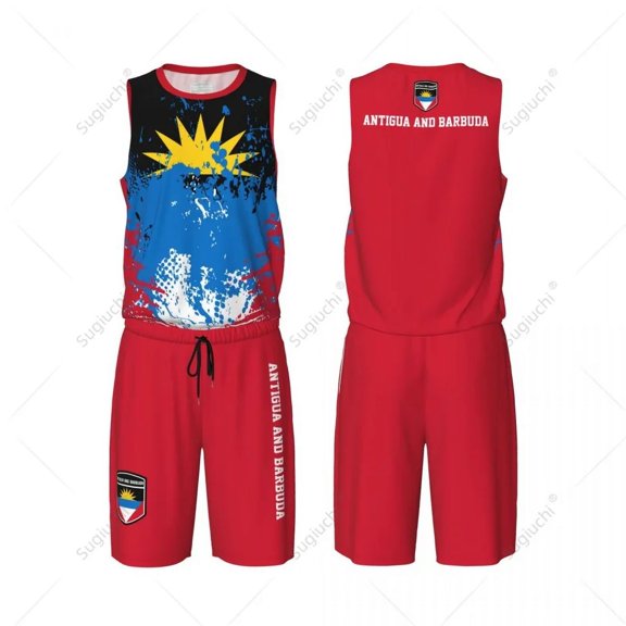 Team-up Antigua And Barbuda Flag Grain Men Basketball Jersey Set Shirt & Pants Sleeveless Custom Name Nunber Exclusive