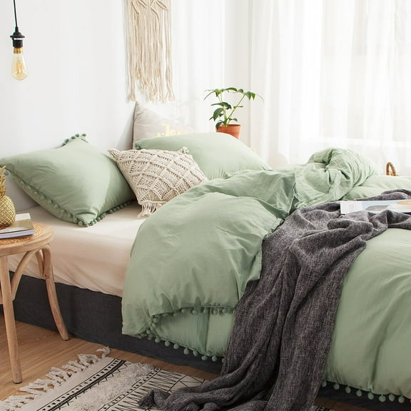 Move Over Green Duvet Cover Set Queen Sage Green Bedding Sets Pom Poms Pattern Washed Microfiber No Filling