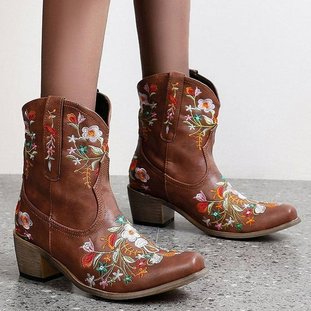 Botas de montar de vaquero bordadas a la moda para mujer, botas cortas de tubo medio de tacón medio cálidas informales, zapatos Wmkox8yii sdhk121