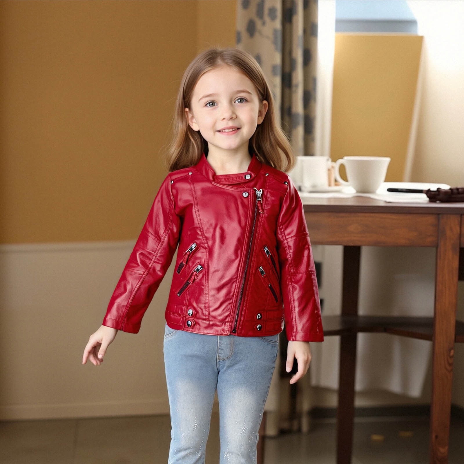 ATOGUTA Faux Leather Jacket Girls Turn-Down Collar Long Sleeve Outerwear Coats Size 2T-14, Red