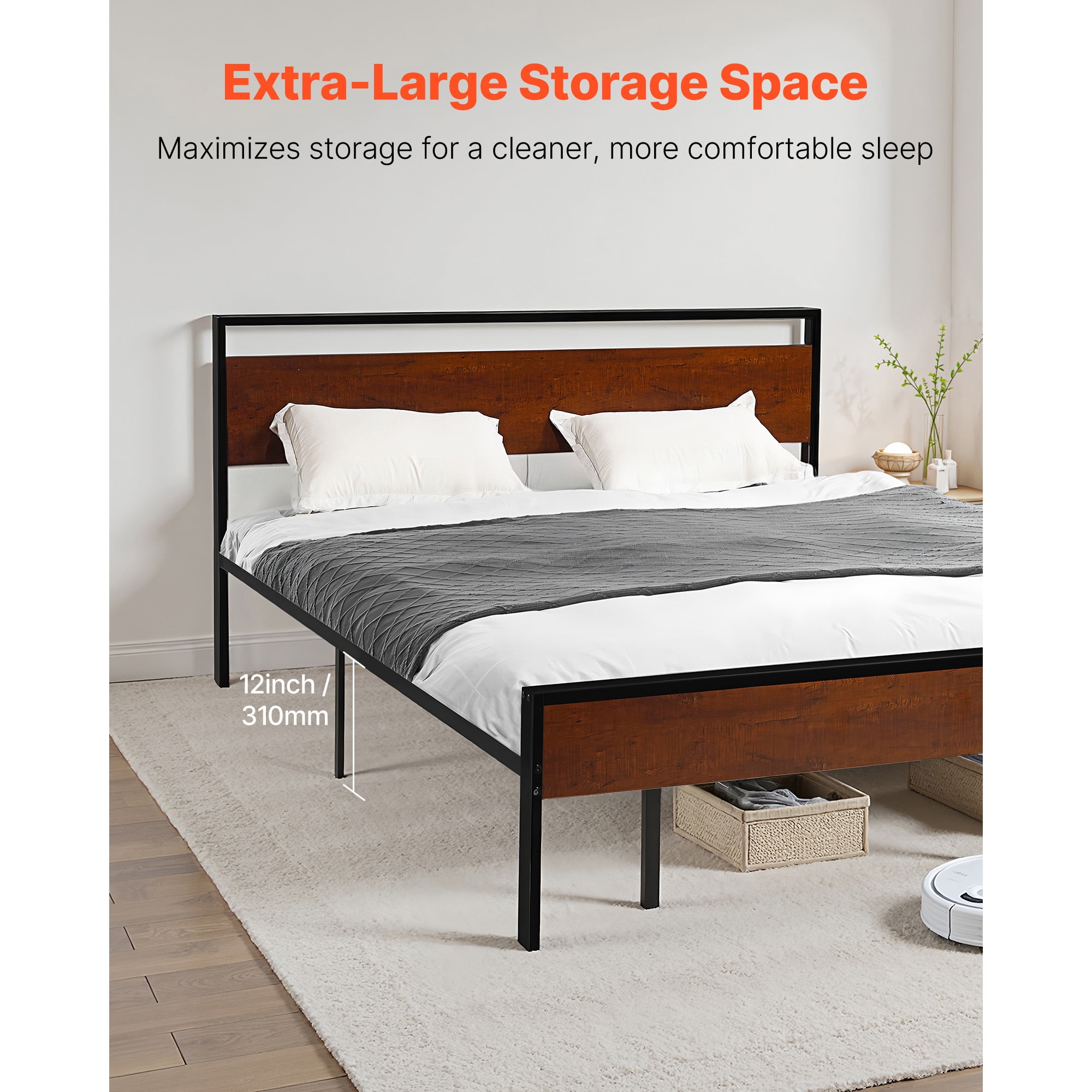KFFKFF King Size Bed Frame, 14-Inch Metal Platform with Wooden Headboard and Footboard, Spacious Under-Bed Storage, Quiet Design, No Box Spring Required, Simple Assembly