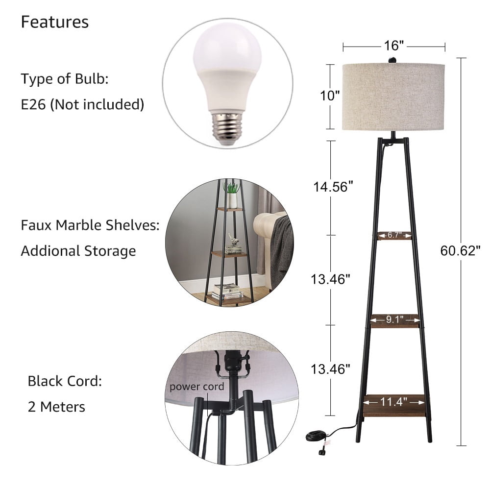 ROSEN GARDEN Floor Lamp with Shelves Black Finish, Modern Living Room Lamps
