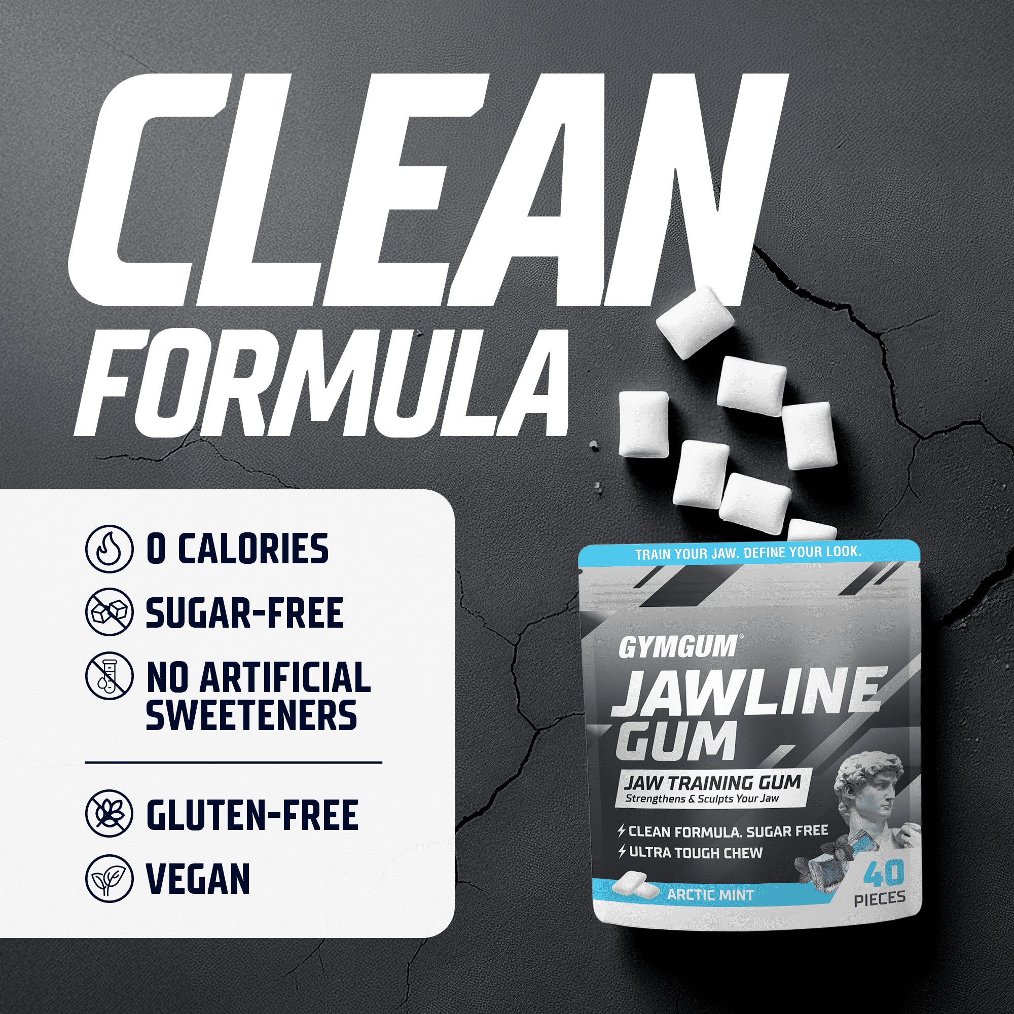 GYMGUM Jawline Ultra Hard Chewing Gum | No Calories, No Sugar, No Artificial Sweeteners | Keto Friendly Mewing Gum for Jaw Training & Exerciser (40 Count (pack of 3), Arctic Mint)