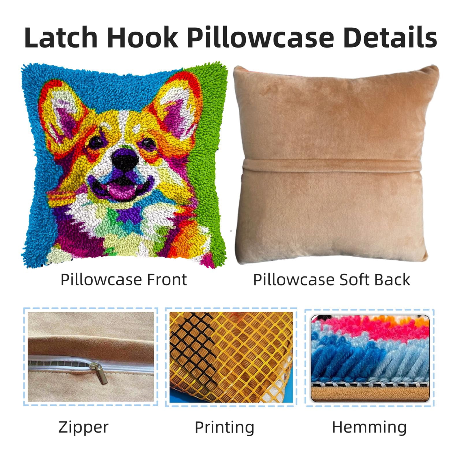 Yellow Welsh Corgi Dog DIY Latch Hook Pillow Kits for Adults Printed Pillowcase Crochet Yarns Hooking Handmade Pillow Cover Cushion for Home Sofa Decoration 17x17inch