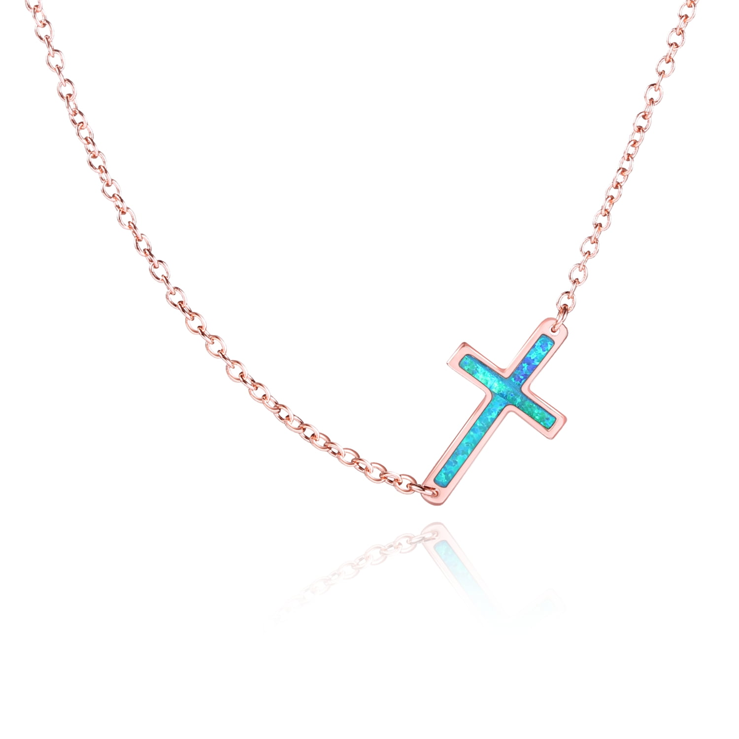 2 Carat Rhodium Plated Blue Fire Opal Horizontal Cross Necklace - Walmart.com