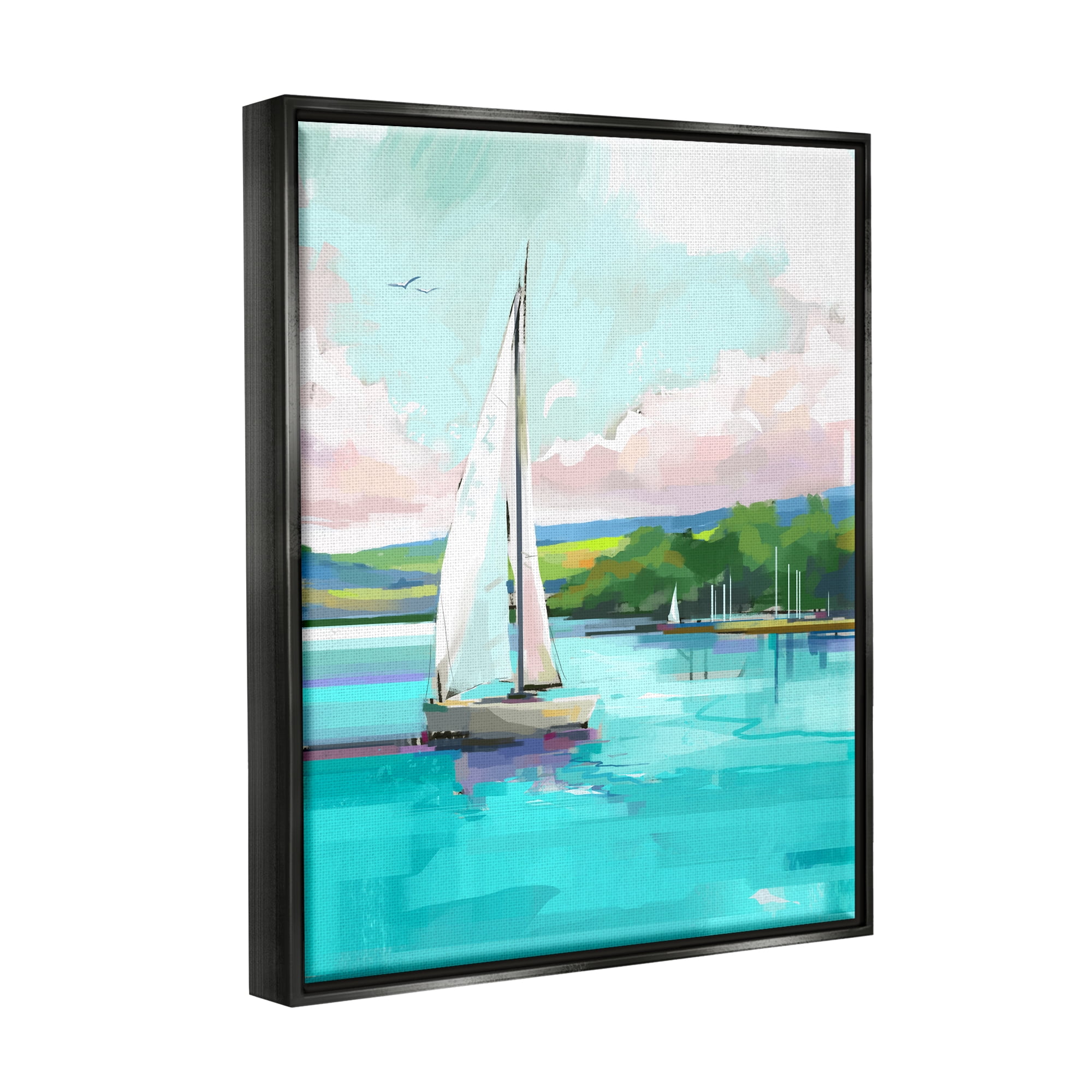 Stupell Industries Sailboat in Coastal Marina Transportation Painting Black Floater Framed Canvas Art Print Wall Art, 25 x 31