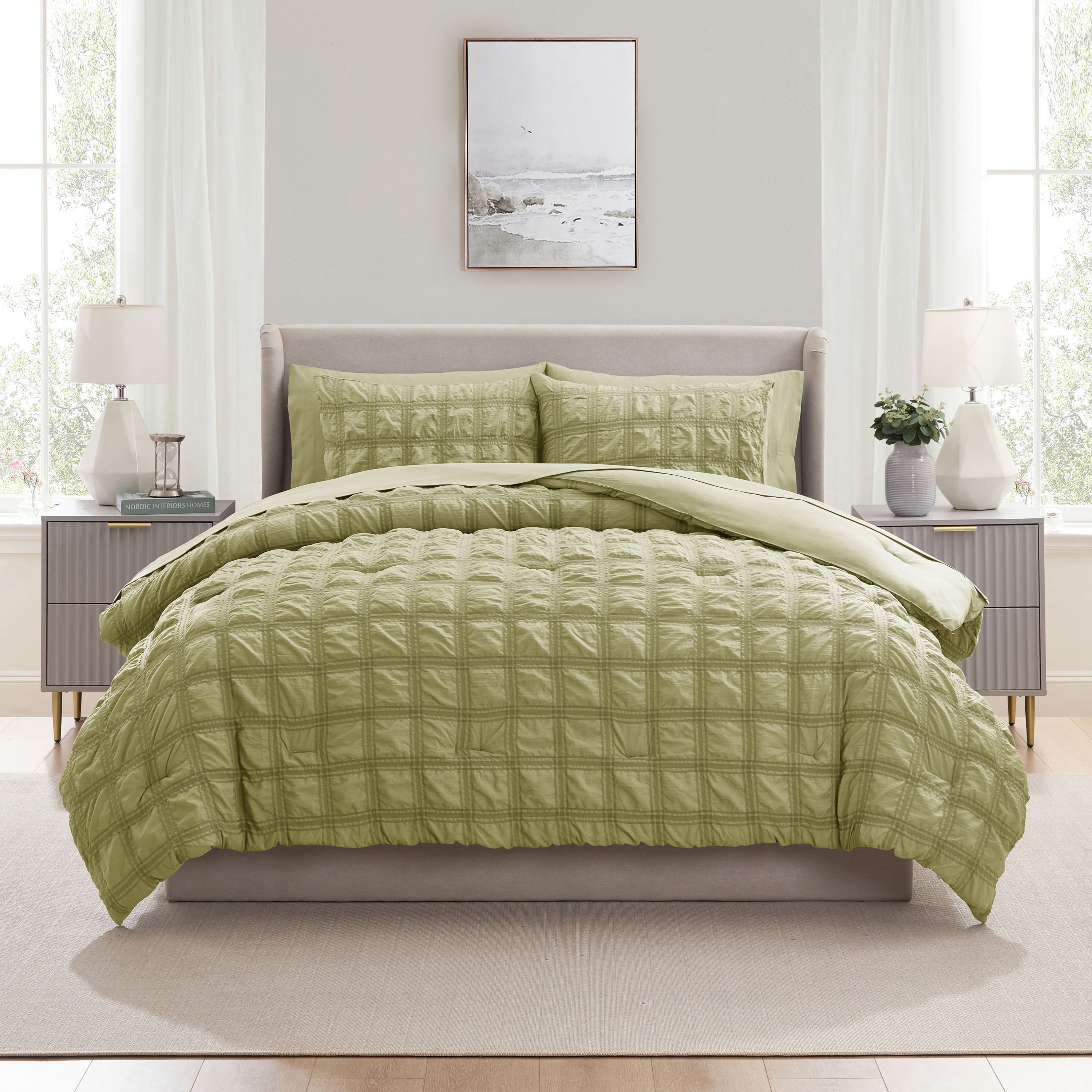 LammaLoe Queen Comforter Set, 7 Piece Seersucker Bed in a Bag, Bedding Comforter Set with Sheets, Modern Bed Set, Olive Green