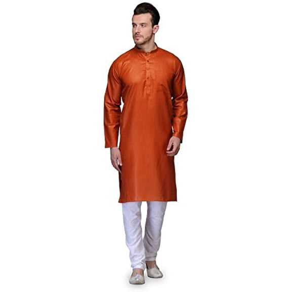 Royal Men's Cotton Blend Orange Kurta Pyjama Set
