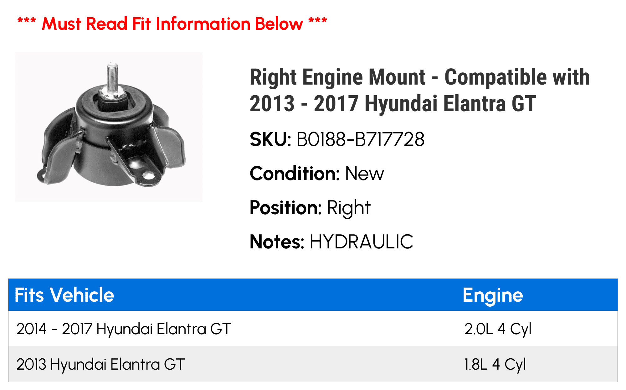 Right Engine Mount - Compatible with 2013 - 2017 Hyundai Elantra GT 2014 2015 2016