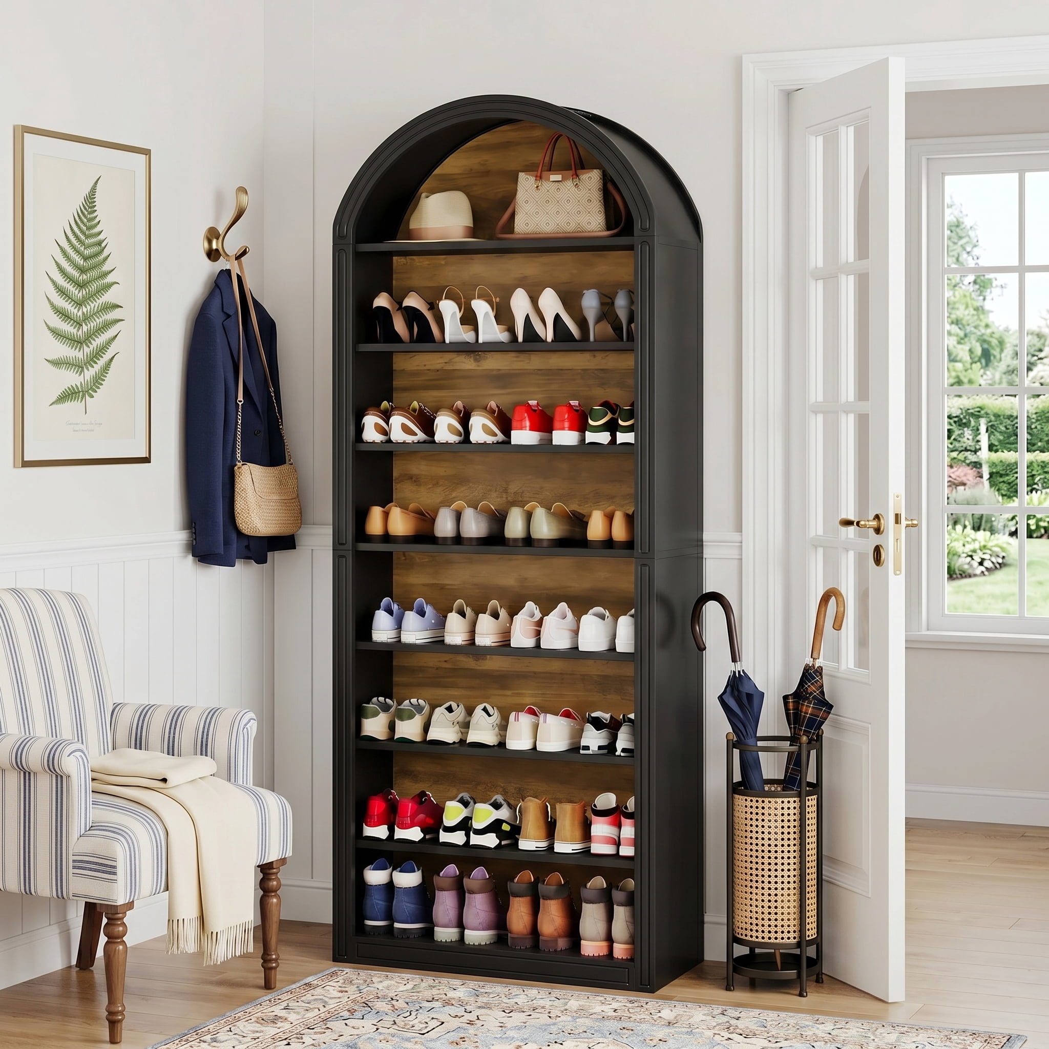 Fnova 79.5" Arched Shoe Storage Cabinet, 8-Tier Wooden Shoe Organizer Rack for 35 Pairs, Adjustable Shelves, Black