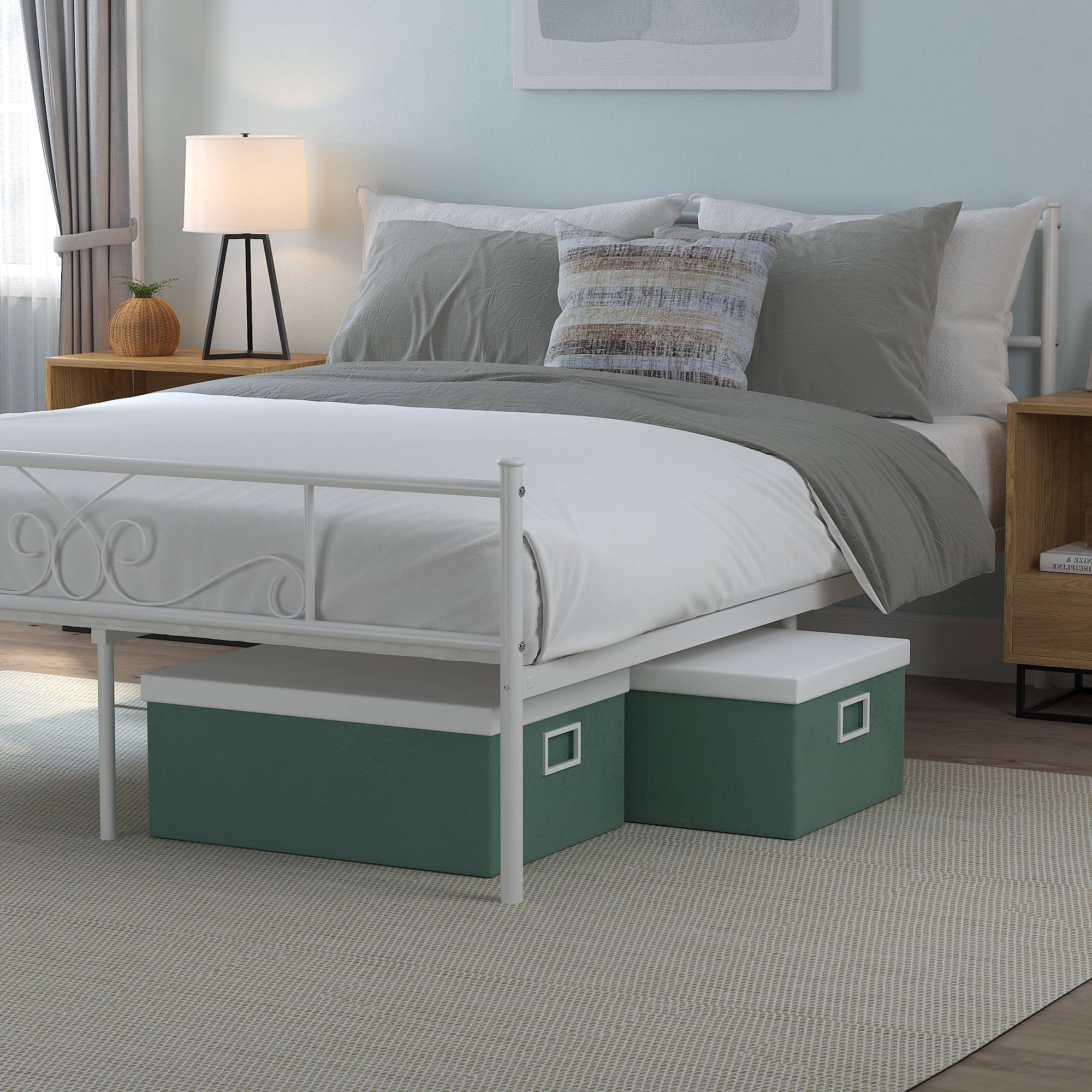 Yoneston Heavy Duty Queen Size Platform Bed Frame with Vintage Scroll Headboard & Footboard, White
