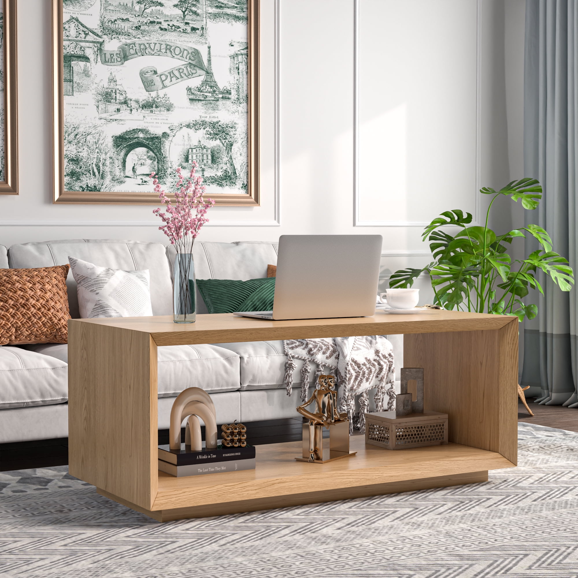 Farmhouse Wood Coffee Table, Rectangle Coffee Table, Simple 2-Tier (Oak)