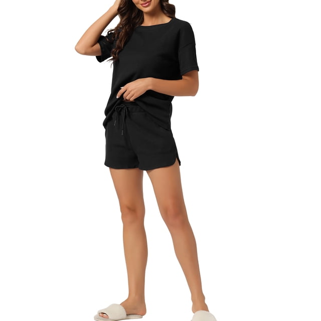 Conjunto de lounge de punto waffle para mujer INSPIRE CHIC, pijama de manga corta con pantalones cortos y bolsillos, ropa de dormir suave de mezcla de algodón, negro