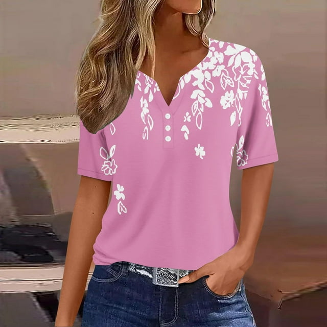 Blouse à Manches Courtes Imprimée Mode pour Femmes Col Rond Hauts Décontractés