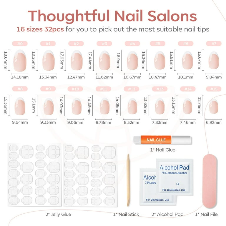 modelones French Tip Press On Nails, Short Oval Fake Nails Press Ons with Nail Glue, Adhesive Tabs, Nail File, Prep Pad, Manicure Stick, 32Pcs 16 Sizes, Nude