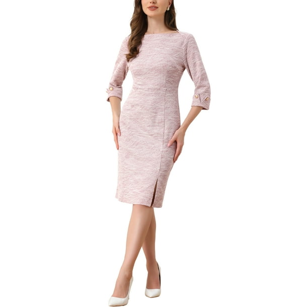 VESTIDO DE TWEED INSPIRADO CHIC PARA MUJERES, CUELLO BARCO, MANGA 3/4, LARGO A LA RODILLA, TALLA XL, ROSA