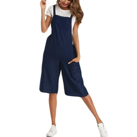 

Lirclo Womens Cotton Hemp Cropped Trousers Solid Color Overalls Casual Jumpsuits Romper Navy S