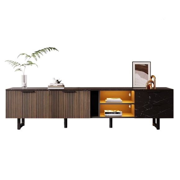 LHYY 78.7" TV Cabinet with Black Marble Look,Dark Wood Grain Doors,Adjustable LED Lighting,Two Doors and Two Drawers