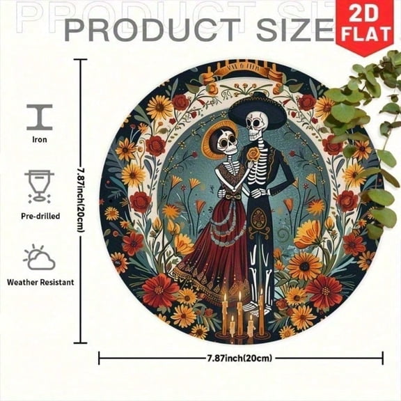 HELLOYOUNG Day of The Dead Sugar Skull Tin Sign 8 Inch Round Vintage Rustic Metal Wall Art for Home Bar Pub Kitchen Decor