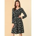 thumbnail image 2 of Vestido a media pierna con cuello en V y estampado floral con cintura fruncida Negro M, 2 of 6