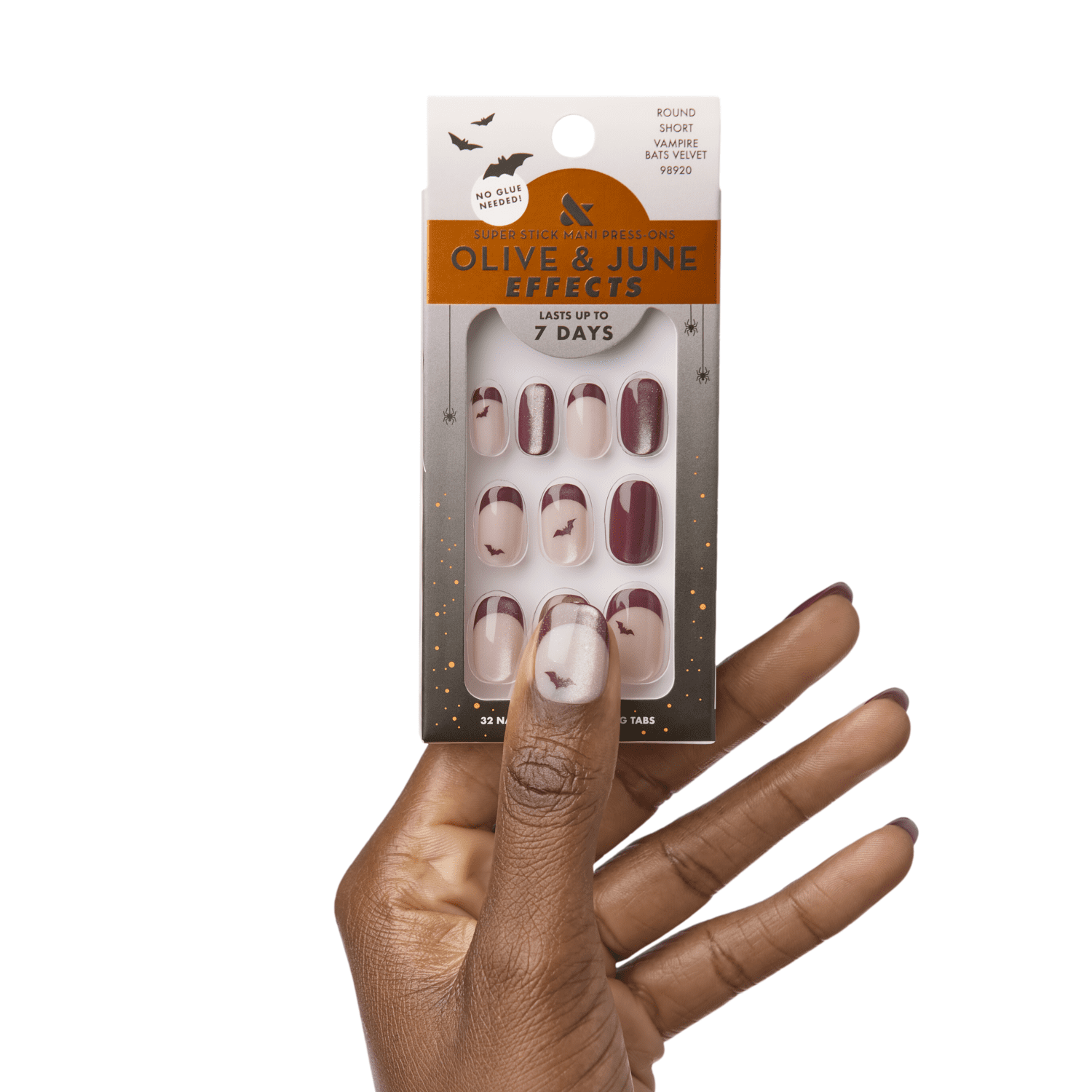 Olive & June Super Stick Effects Short Round Press-on Nails, Vampire Bats Velvet, 32 Pieces