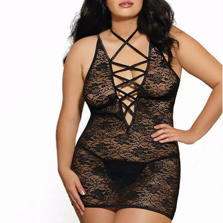 - Plus Size Sexy Women Lace Dress Babydoll Underwear Lingerie Dress Bodysuit Sleepwear Nightwear with G-String Set, Black