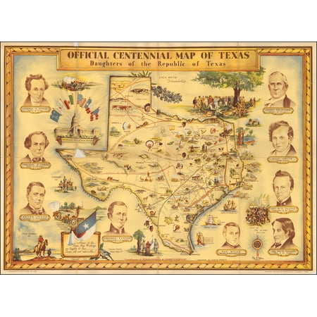 Texas Map Poster LAMINATED POSTER Official Centennial Map of Texas Daughters of the Republic of Texas POSTER PRINT 24 x 36 ()