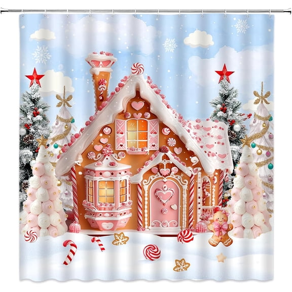 Christmas Gingerbread House Shower Curtain Xmas Tree Cartoon Candy House Winter Snowflake Lollipop Cute Holiday Fabric Bathroom Curtain Set with Hooks