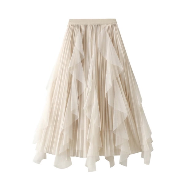 Falda de malla con volantes y cintura alta para mujer - Longitud media, plisada, corte A, elástica, para primavera/verano