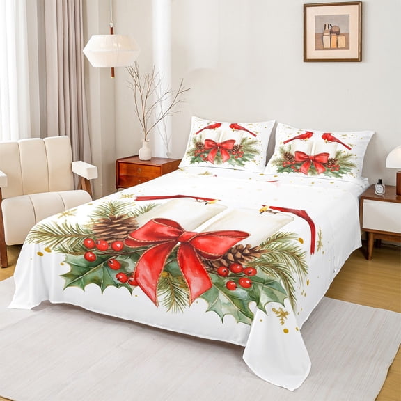 Manfei Red Cardinal Birds Twin Sheet Sets,Red Bow Tie Twin Fitted Sheet,Christmas Floral Flat Sheet For Men Women,Breathable Home Decor,3 Pieces