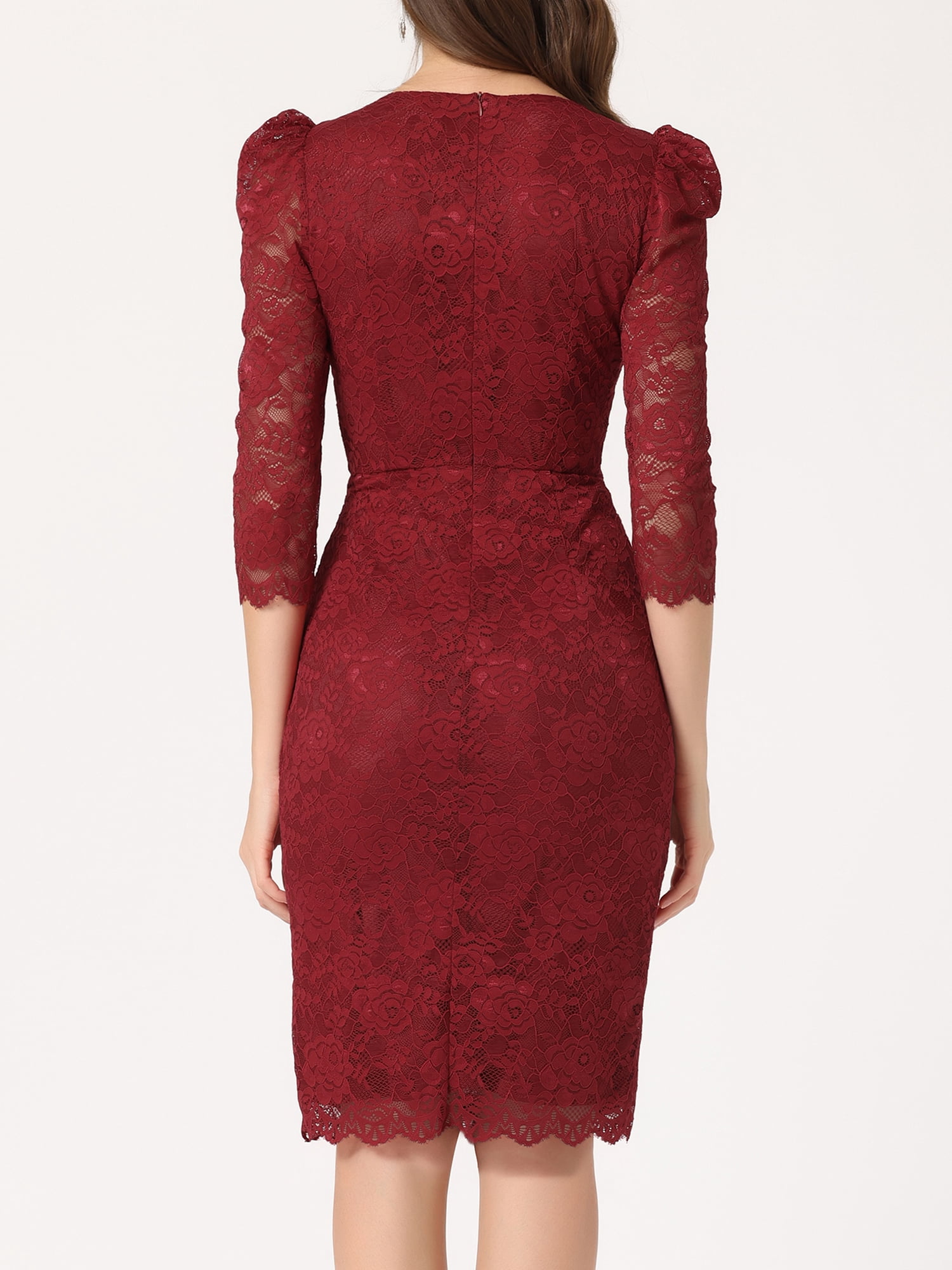 DARING DIVA Women's Elegant Lace 3/4 Sleeves Cocktail Dress M Burgundy