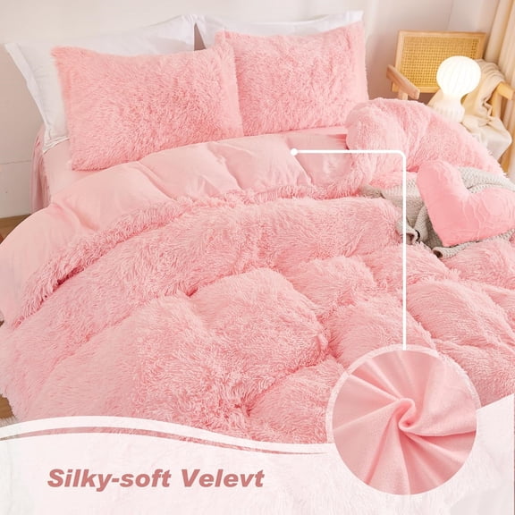 Fluffy Duvet Cover Queen Size, Pink Plush Shaggy Faux Fur Comforter Cover Velvet Bedding Set with Zipper Closure(1 Duvet Cover, 2 Pillowcases)