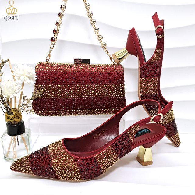 QSGFC, zapatos y Bolsa verdes de diseño italiano para fiesta de tacón nigeriano para mujer, conjunto decorado con bolso de diamantes de imitación para fiesta de boda