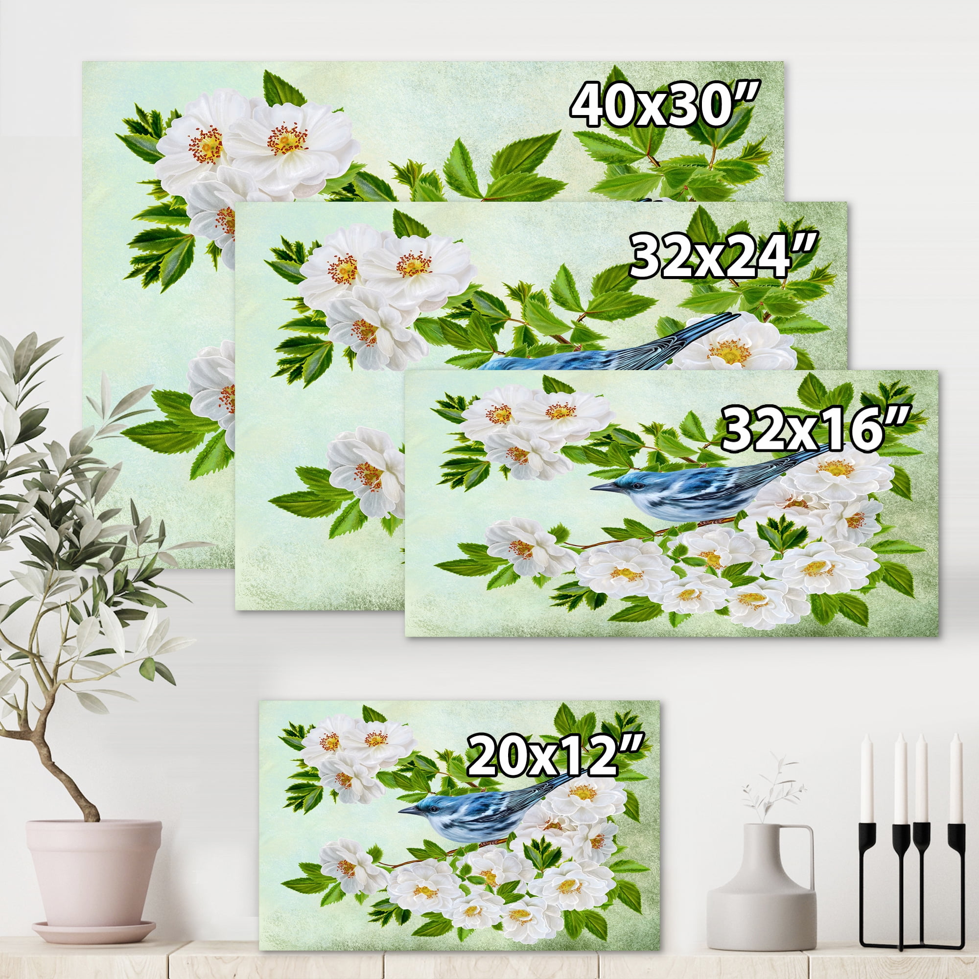 Designart ' Little Blue Bird Sitting On A Branch of White Rose Plant ' Traditional Canvas Wall Art Print