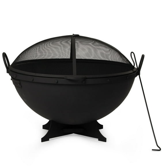 Ash & Ember 32" Hemisphere Fire Pit with Screen and Poker, Cast Iron High-Temperature Black Paint Fire Bowl, Wood Burning Backyard Fireplace, Portable Outdoor Firepit