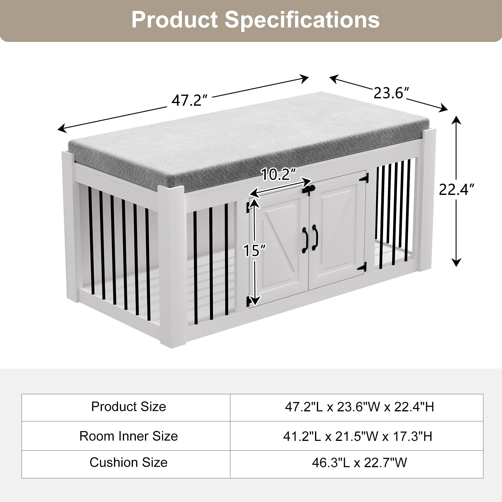 Faceket Lockable 2-Door 47" Wooden Furniture Style Crate for Dogs with Removable Cushion
