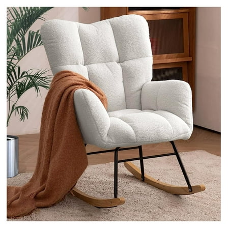 Nursery Rocking Chair, Teddy Upholstered Glider Rocker with High Backrest Armchair, Modern Rocking Accent Chairs for Nursery, Living Room, Bedroom, Offices () Ivory